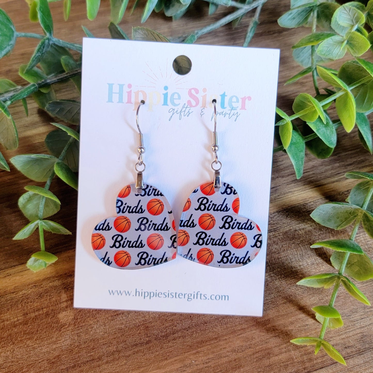Birds Basketball Pattern Heart Earrings
