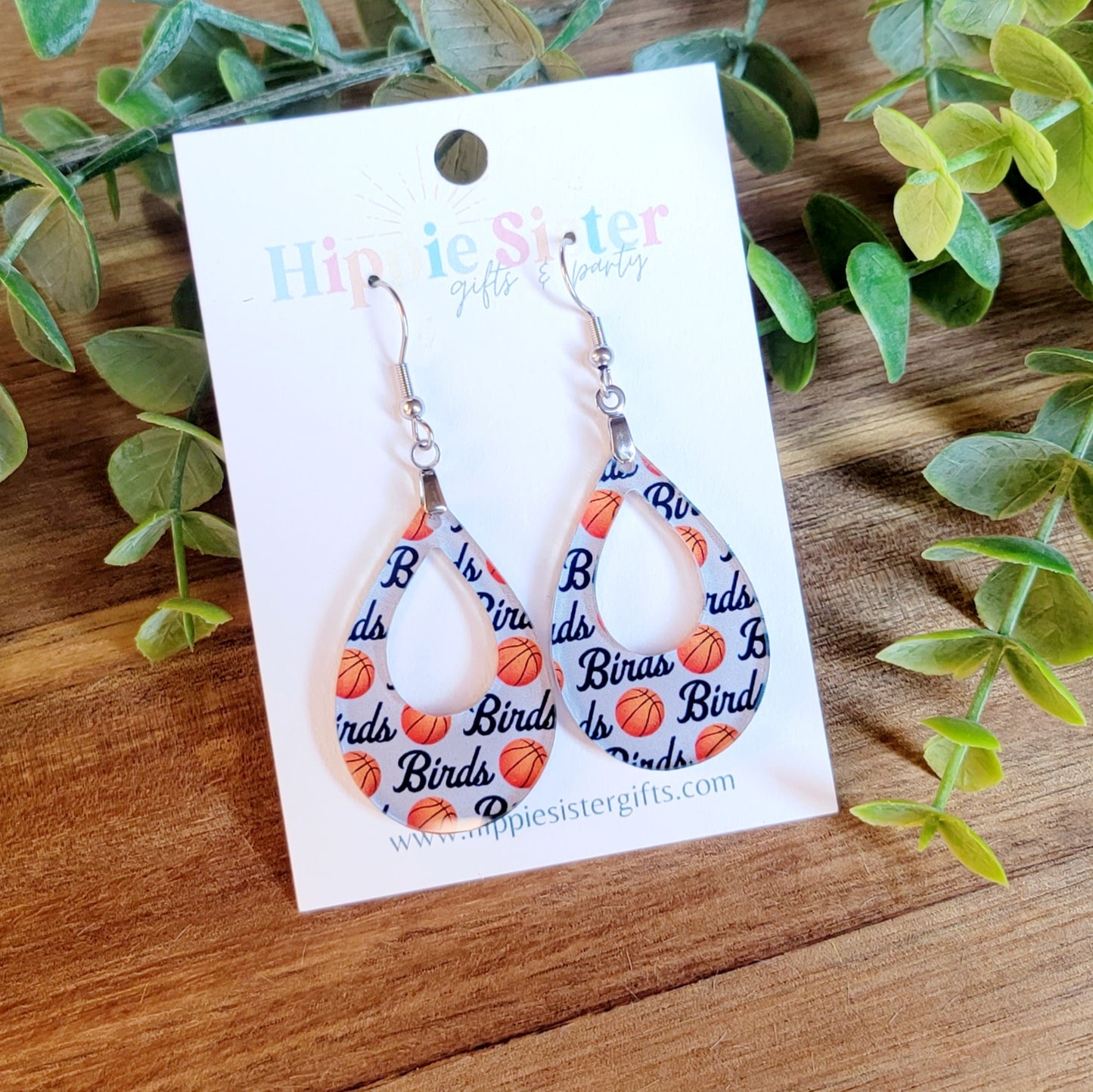 Birds Basketball Pattern Open Teardrop Earrings