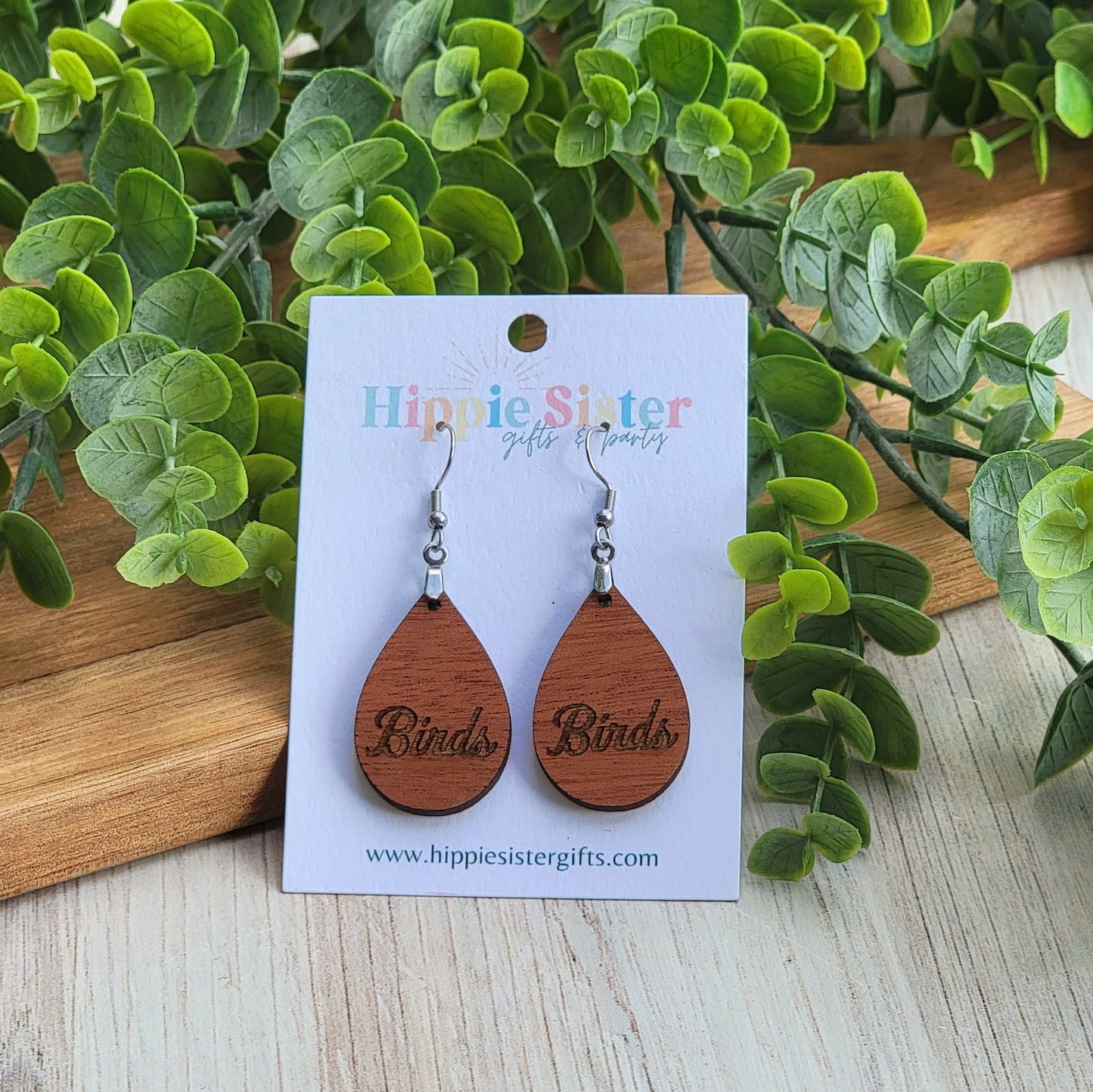 Birds Wooden Teardrop Earrings